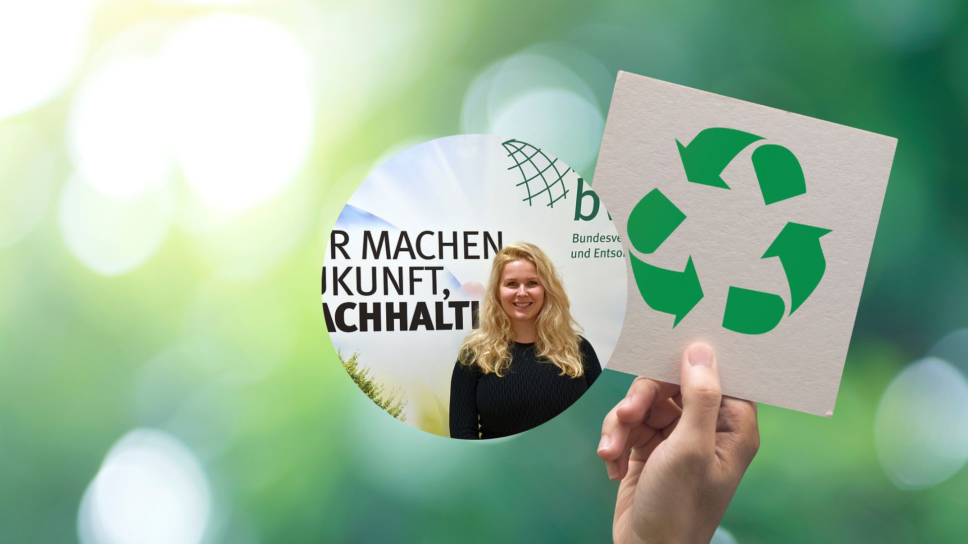 Grünes Bild mit dem Recycling-Zeichen und der Recycling-Expertin Sandra Fischer