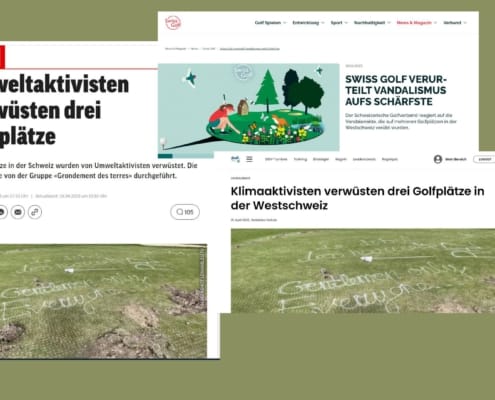 Blick auf drei Zeitungsartikel zum Vandalismus auf Schweizer Golfplätzen