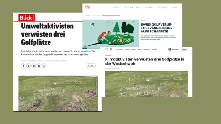 Blick auf drei Zeitungsartikel zum Vandalismus auf Schweizer Golfplätzen