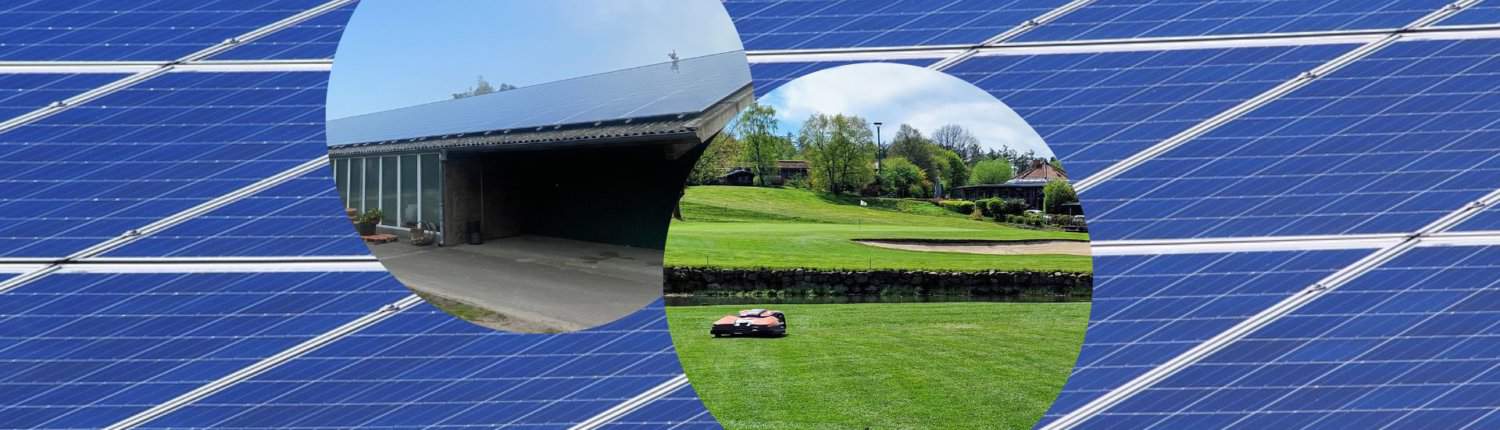 Blick auf einen Hintergrund mit Photovoltaikpaneelen. Eingeblendet ist ein Golfplatz und eine Lagerhalle mit Photovoltaik.