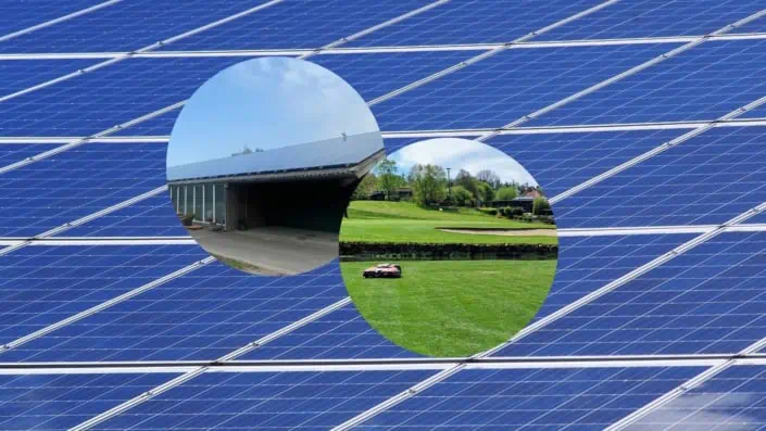 Blick auf einen Hintergrund mit Photovoltaikpaneelen. Eingeblendet ist ein Golfplatz und eine Lagerhalle mit Photovoltaik.