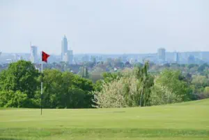 Golf course with London city view