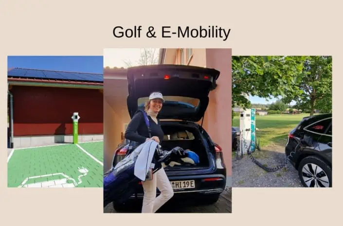 Golferin vor einem E-Auto