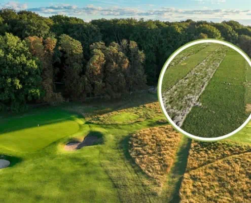 Collage aus einem Bild des Royal Kopenhagen Golf Clubs und einer Versuchsfläche für Gräser