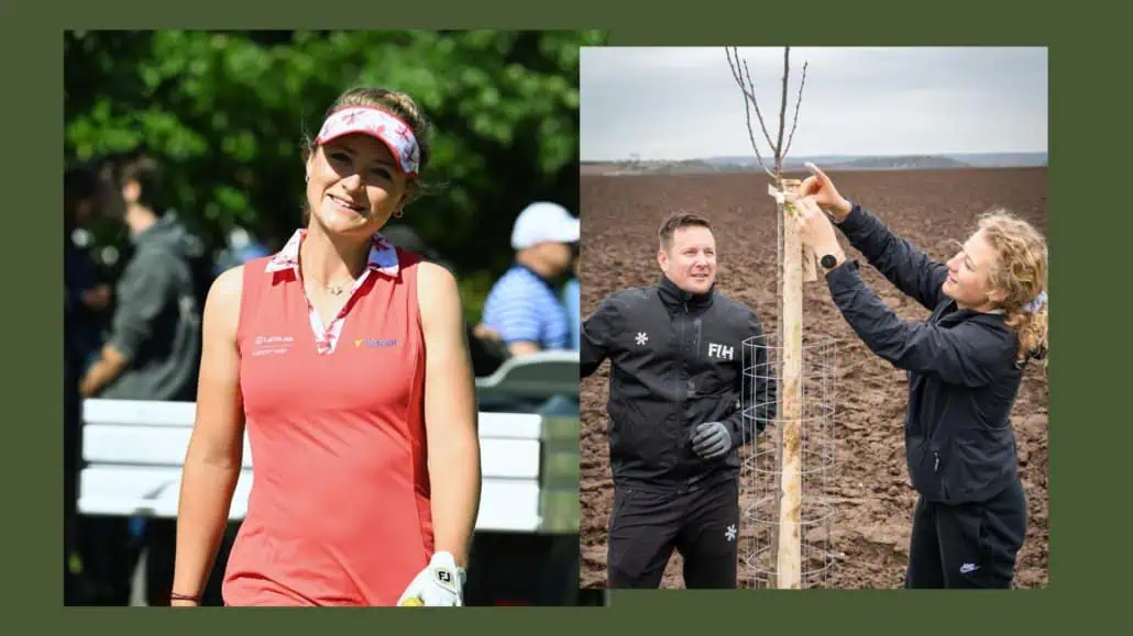 Collage aus einem Bild der Golferin Sara Kouskova und einem Bild mit ihrem Caddie.