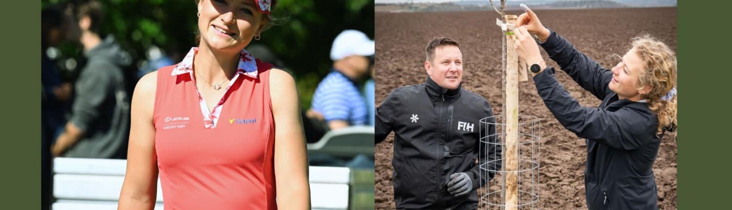 Collage aus einem Bild der Golferin Sara Kouskova und einem Bild mit ihrem Caddie.