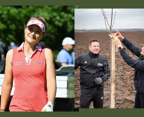 Collage aus einem Bild der Golferin Sara Kouskova und einem Bild mit ihrem Caddie.