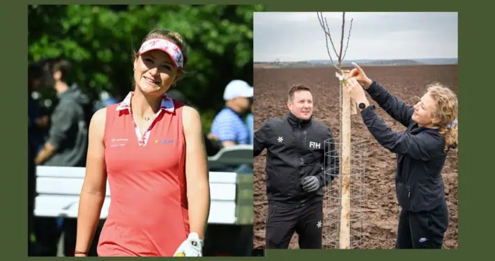 Collage aus einem Bild der Golferin Sara Kouskova und einem Bild mit ihrem Caddie.