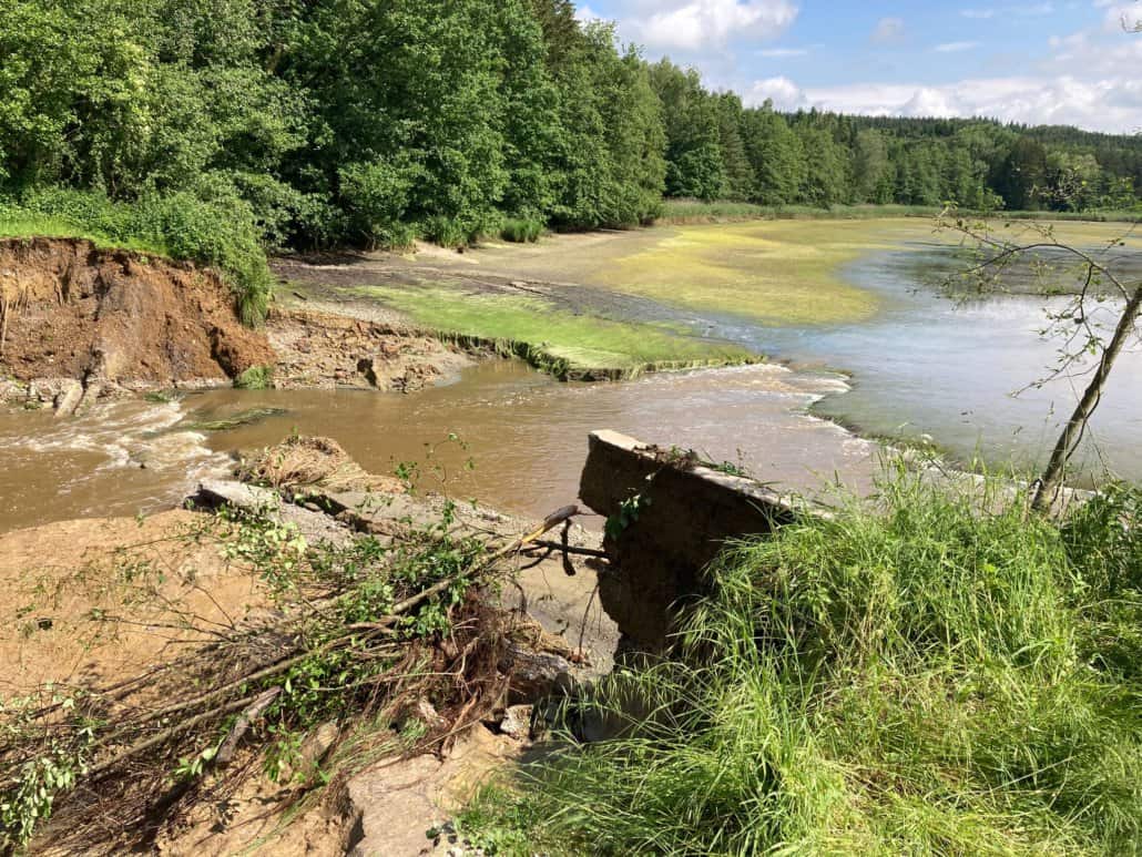 Blick auf einen Fischteich, der über die Ufer tritt.