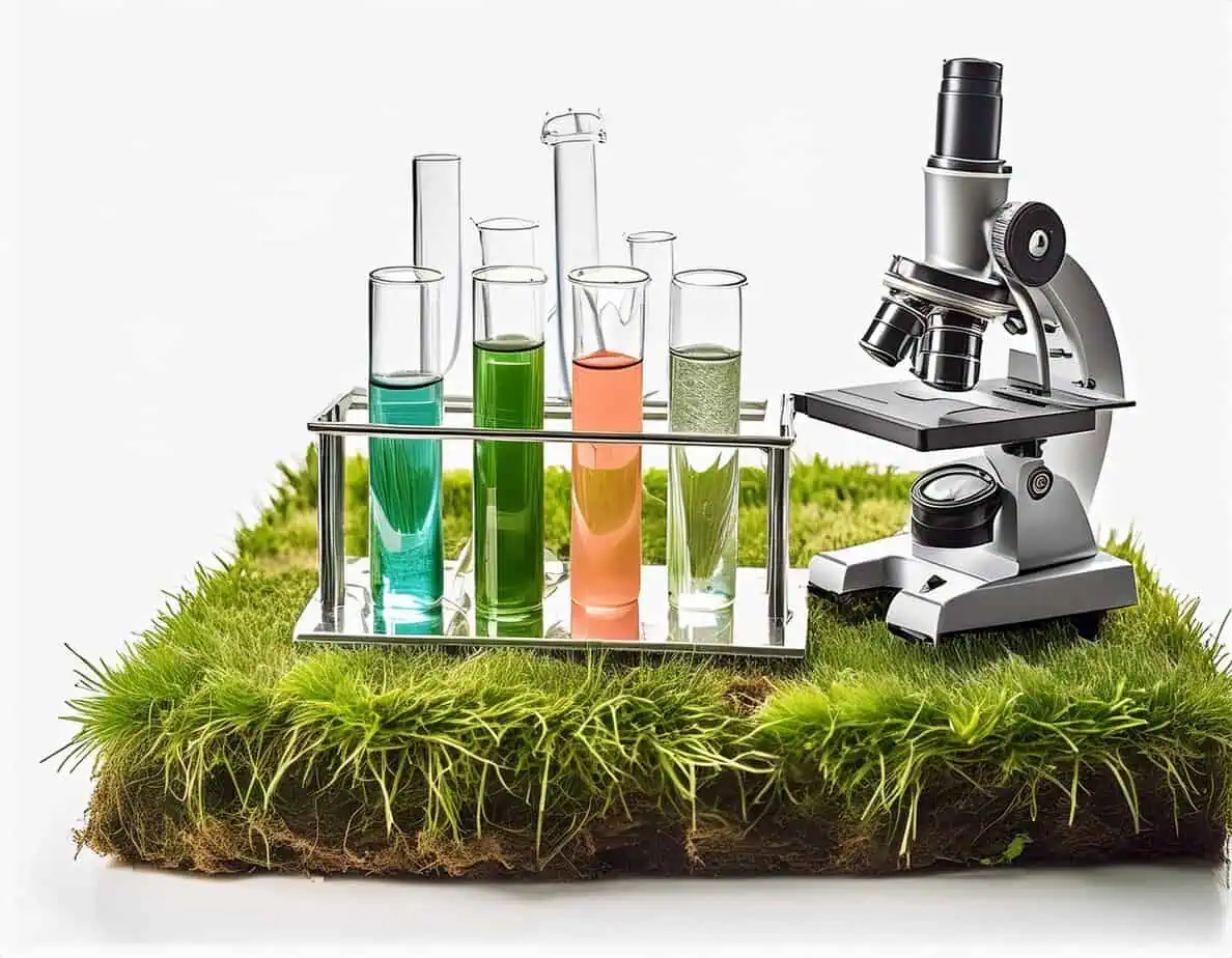 Ausgestochenes Stück Gras mit Mikroskop und Laborproben