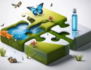 Künstliches Bild mit vier Puzzleteilen, die Wasser, Gras und Schmetterlinge zeigen