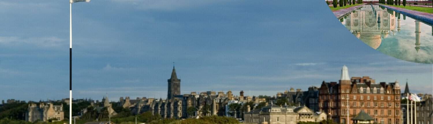 Blick auf den Old Course von St. Andrews und das Tadj Mahal