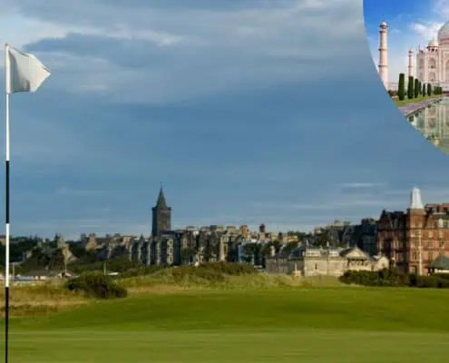 Blick auf den Old Course von St. Andrews und das Tadj Mahal