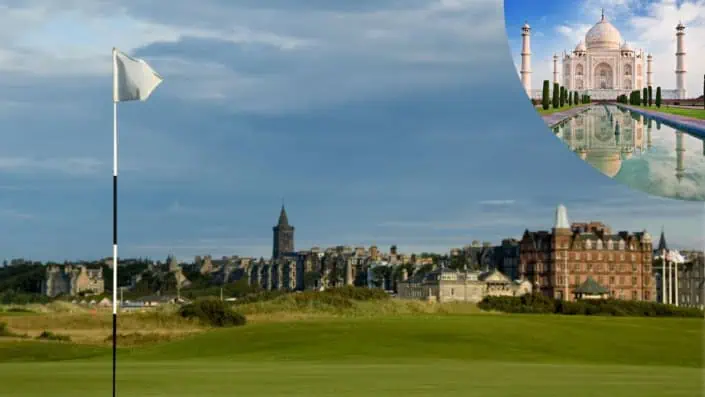 Blick auf den Old Course von St. Andrews und das Tadj Mahal