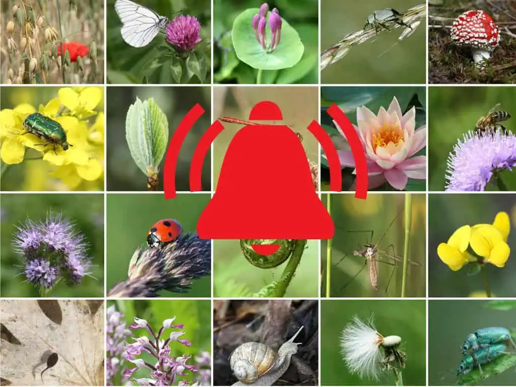 Alarm sign in front of images of animals and plants