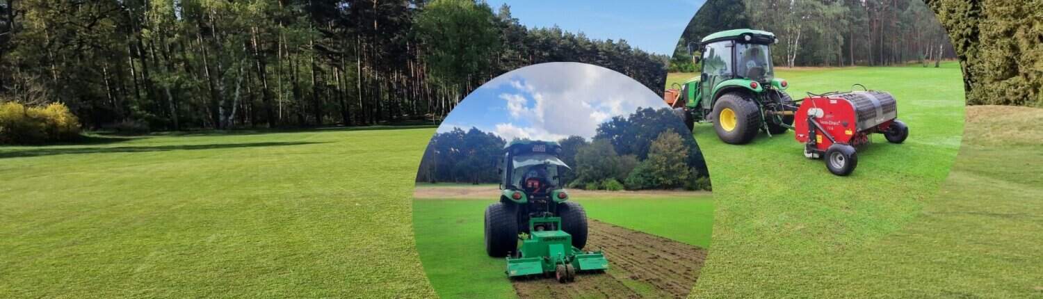 Collage aus drei Bildern aus einem Golfloch und Traktoren
