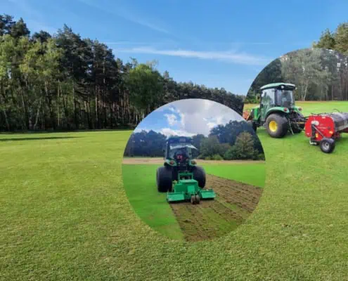Collage aus drei Bildern aus einem Golfloch und Traktoren