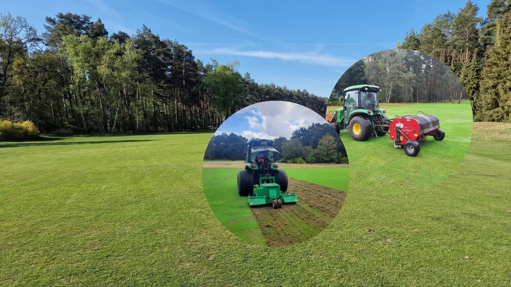 Collage aus drei Bildern aus einem Golfloch und Traktoren