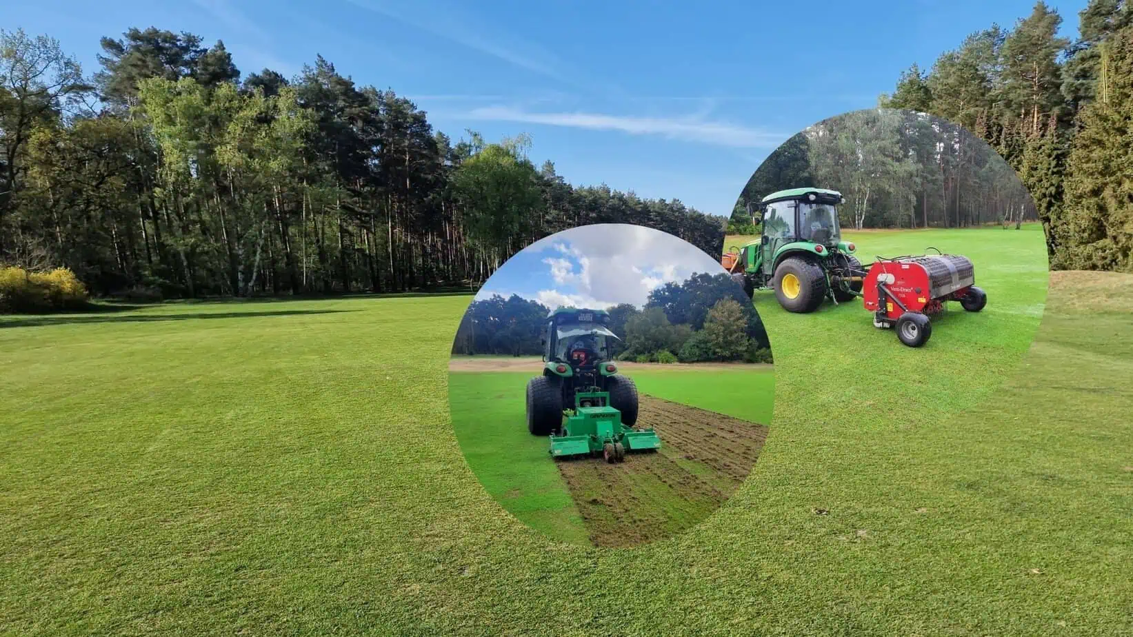 Collage aus drei Bildern aus einem Golfloch und Traktoren