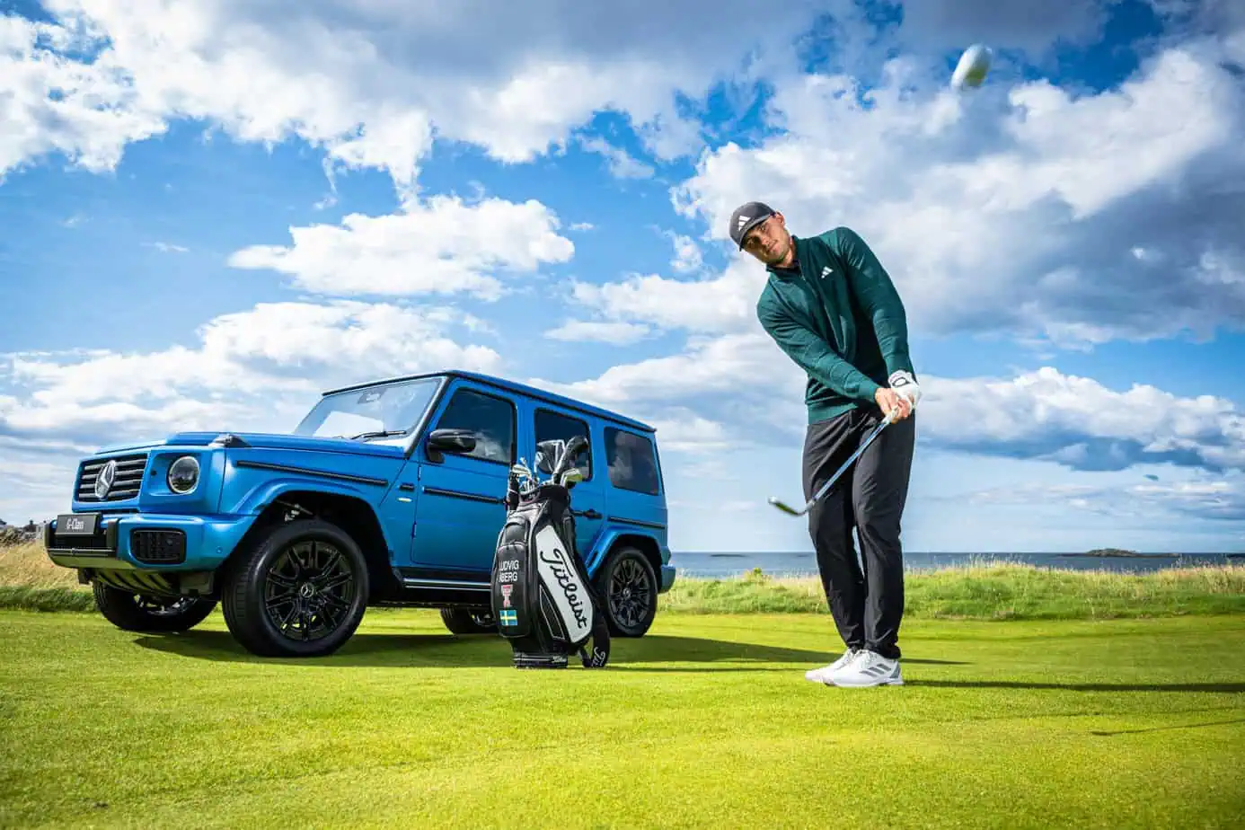 Golfer in front of a Mercedes